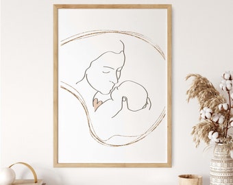 Mutter und Baby Wandbild, Muttertagsgeschenk, Geschenk für neue Mama, Linienzeichnung, digitaler Download, druckbare Wandkunst, minimalistisch, abstrakt