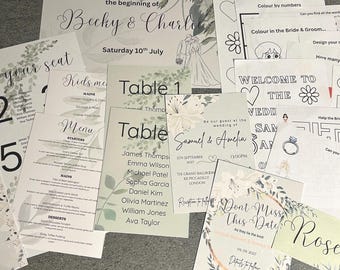Paquete de papelería para bodas, paquete de entretenimiento infantil, invitaciones, números de mesa, señalización de bienvenida y plano de asientos + hojas de actividades para niños