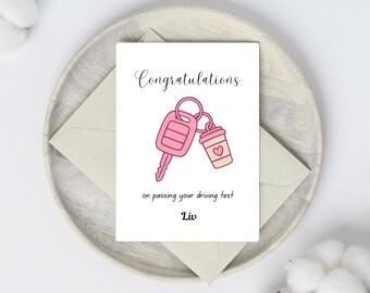 Tarjeta de felicitación personalizada para el examen de conducir - Diseño de llaves rosas y café - Tarjeta hecha a mano en el Reino Unido para nuevos conductores - Regalo con nombre personalizado