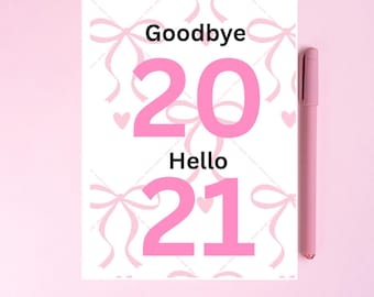 Tarjeta de cumpleaños número 21 con lazo rosa / Adiós 20, hola 21, coqueta / Regalo personalizado para ella, tarjeta de 5x7 hecha a mano en el Reino Unido