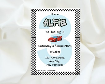Invitación de cumpleaños con temática de coches de carreras, invitación de cumpleaños para niños, invitación imprimible para fiesta de coches de carreras, invitación digital, plantilla editable, descarga instantánea.