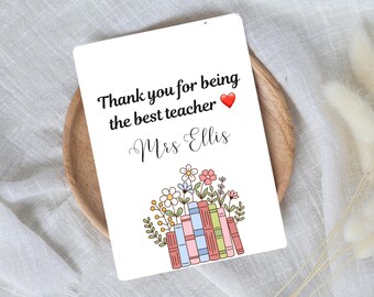 Tarjeta de agradecimiento personalizada para profesores, tarjeta floral para profesores, nombre personalizado, regalo para colegios de primaria, fabricada en el Reino Unido, regalo para amantes de los libros.
