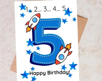 Tarjeta de cumpleaños número 5 con temática espacial para hijo, cumpleaños de astronautas, cohetes, tarjeta de cumpleaños cósmica, tarjeta con temática azul para amantes del espacio.