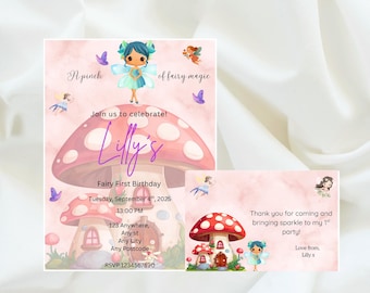 Invitaciones de primer cumpleaños con temática de hadas, invitaciones para fiestas de cumpleaños femeninas, paquete de invitaciones con tarjetas de agradecimiento, paquete sin estrés impreso desde el Reino Unido.