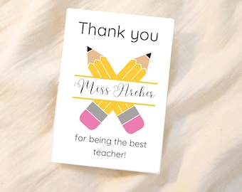 Tarjeta de papelería para profesores con diseño de lápiz, agradecimiento al profesor, regalo de fin de curso, para alumnos que terminan la escuela, regalo para guardería, tarjeta física, hecha a mano