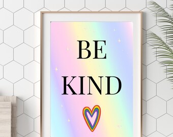 Decoración infantil arcoíris tamaño A4, diseño arcoíris "Sé amable con los demás", arte para dormitorio infantil, decoración con recordatorio encantador, decoración de corazón, gran regalo para la pared.