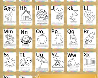 Hojas de aprendizaje del abecedario para niños, páginas para colorear divertidas con letras, trazos de palabras, plantilla digital para descargar en Canva con borde arcoíris.