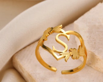 Anillo de corazón de flor con iniciales de acero inoxidable dorado personalizado/joyería de alfabeto ajustable para mujer