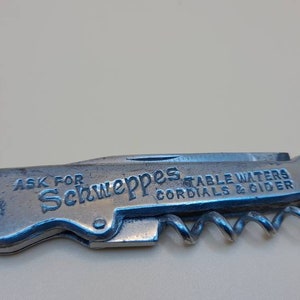 Antiguo SCHWEPPES publicidad cuchillo de bolsillo 1920 sacacorchos abridor de botellas pluma cuchillo forjado a mano William Rogers