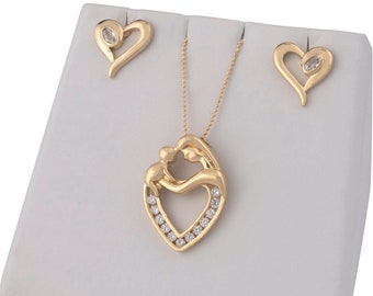 Cubic Zirconia Mother Child Set, CZ Earrings, CZ Pendant, 18&quot; Gold Ball Necklace, 24k High Quality, Heavy Layered Gold