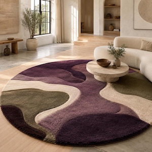 Alfombra redonda color ciruela / Alfombra de lana tejida a mano / Decoración de sala de estar a medida