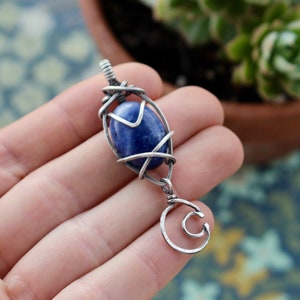 Sodalite Oxidized Sterling Silver Wire Wrapped Moon Pendant on Black Silk Cord -Third Eye Healing- Includes 6-Page Chakra and Crystal Guide