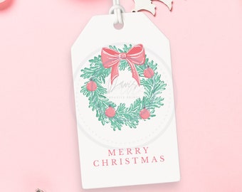 Chinoiserie Christmas Tag| Wreath with Pink Bow | Grandmillennial Christmas | Grandmillenial Tags | Coastal Christmas | Girly Christmas Tag