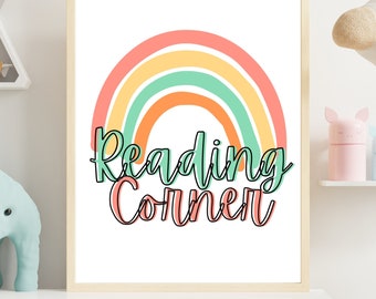 May include: A printable wall art design featuring a rainbow with pastel colours and the text "Reading Corner".