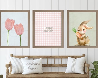 Happy Easter Wall Art| Gingham Print| Farmhouse Easter Print| Set of 3 Easter Prints| Bunny Wall Art| Easter Wall Art| Happy Easter Prints