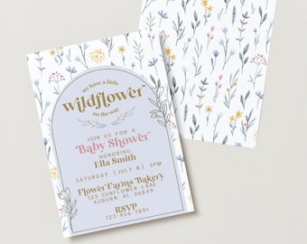 May include: A baby shower invitation with a watercolor floral design. The invitation features a light blue background with a white archway. The text reads "We have a little wildflower on the way. Join us for a Baby Shower honoring Ella Smith. Saturday, July 8, 3 PM. Flower Farms Bakery, 123 Sunflower Lane, Auburn, AL 36849. RSVP 123-456-7891."