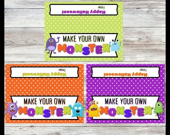 Make Your Own Monster | Halloween Favor Favor Bag Topper Printable |Make a Monster Treat Bag Topper Label Tag|  Instant Digital Download