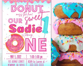 Donut First Birthday Invitation, Sweet One, Girl (Digital Download)