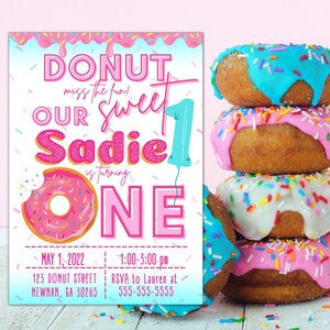 Donut First Birthday Einladung, 1. Geburtstag Einladung Mädchen, Donut Einladung, Donut Geburtstag, Sweet One Birthday, Mädchen Erster Geburtstag