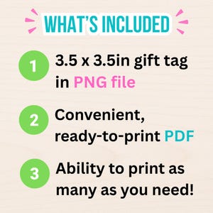 May include: A graphic with the text "WHAT'S INCLUDED" in teal. The graphic lists a 8.89 x 8.89cm gift tag in PNG file, a convenient ready-to-print PDF, and the ability to print as many as needed.