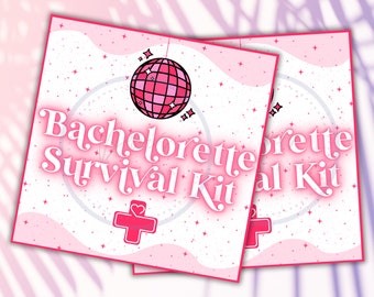 May include: Two pink and white bachelorette party survival kit labels with a disco ball and a heart with a plus sign. The text on the labels reads "Bachelorette Survival Kit".