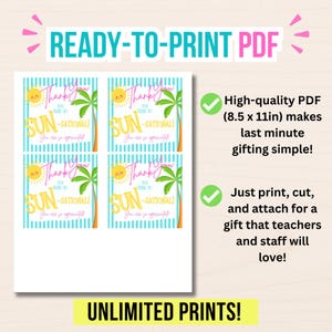 May include: A ready-to-print PDF with four cards. Each card has a sun, palm tree, and the text "Thank You for being so SUN-SATIONAL! You are so appreciated!" The design has a blue and white striped background.