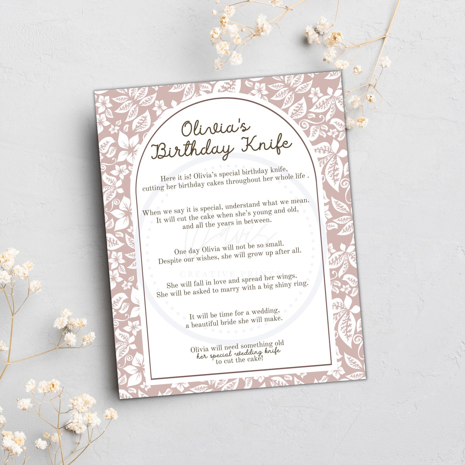 Personalized Birthday Knife Poem First Birthday Cake Knife Poem Floral Birthday Knife Sign First