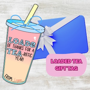 May include: A pink and blue cartoon tea cup with a straw and the text "Loads of thanks for a tea-riffic year!" and "From: Logan". A pink rectangle with the text "Loaded Tea Gift Tag" is in the lower right corner of the image.