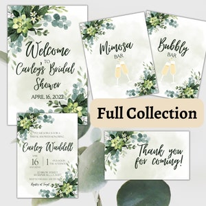 Bridal Shower, Greenery Bridal Shower Bundle, Bridal Shower Welcome Sign, Invitation, Thank You Party Favor Tags, Mimosa Sign, Printable