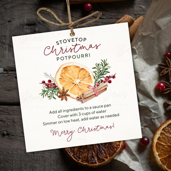 Etiqueta de presente de Natal com potpourri para imprimir | Receita para panela de cozimento lento (download instantâneo)