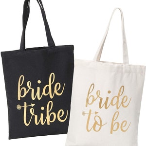 Bride Tribe Bags- Black Bridesmaid Canvas Totes and White Bride Bag