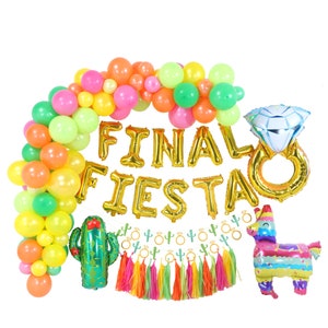 May include: A gold foil balloon banner that reads "Final Fiesta" with a diamond ring balloon and a llama piñata balloon. The banner is surrounded by a garland of pink, yellow, green, and orange balloons.