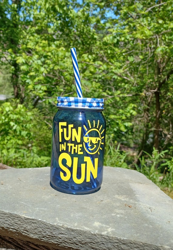Glass Mason Jar Tumbler With Straw Fun in the Sun Gingham Etsy