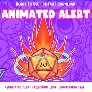 May include: Animated GIF of a fiery, glowing 20-sided die with a blue ribbon wrapped around it. The die is set against a purple background with cartoon faces.