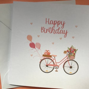 Happy birthday card, birthday card, bicycle and balloons card, card for her
