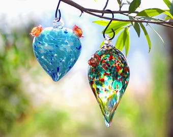 Hand Blown Art Glass Hummingbird Feeder: Multicolor Garden Decor