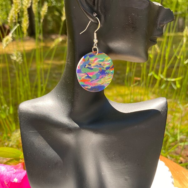 CLAY EARRINGS | Lightweight | Handmade | Statement Earrings | Hypoallergenic | Circle multicolored marble