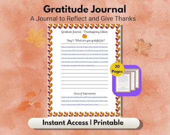 Journal de gratitude – Édition Thanksgiving | 30 jours de réflexion, de pleine conscience et de gratitude | PDF imprimable, téléchargement immédiat