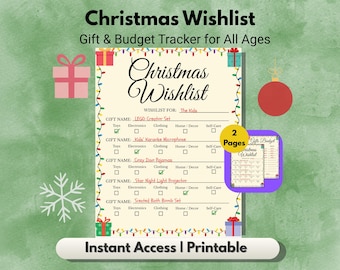 May include: A printable Christmas Wishlist and Gift & Budget Tracker for All Ages. The design features festive decorations, including a gift box, snowflake, and Christmas lights. The text "Christmas Wishlist" is prominently displayed.