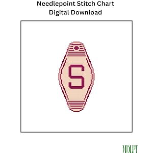 May include: A digital needlepoint stitch chart with the text "Needlepoint Stitch Chart Digital Download." The design features a light beige shape with a dark pink border and the letter "S" in the center. The logo for "NDLPT Social Club" is in the bottom right corner.