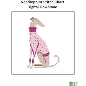 May include: Needlepoint stitch chart digital download featuring a pixelated greyhound dog wearing a pink sweater with colorful dots and magenta trim. The image includes the text "Needlepoint Stitch Chart Digital Download" and the logo for NDLPT Social Club.