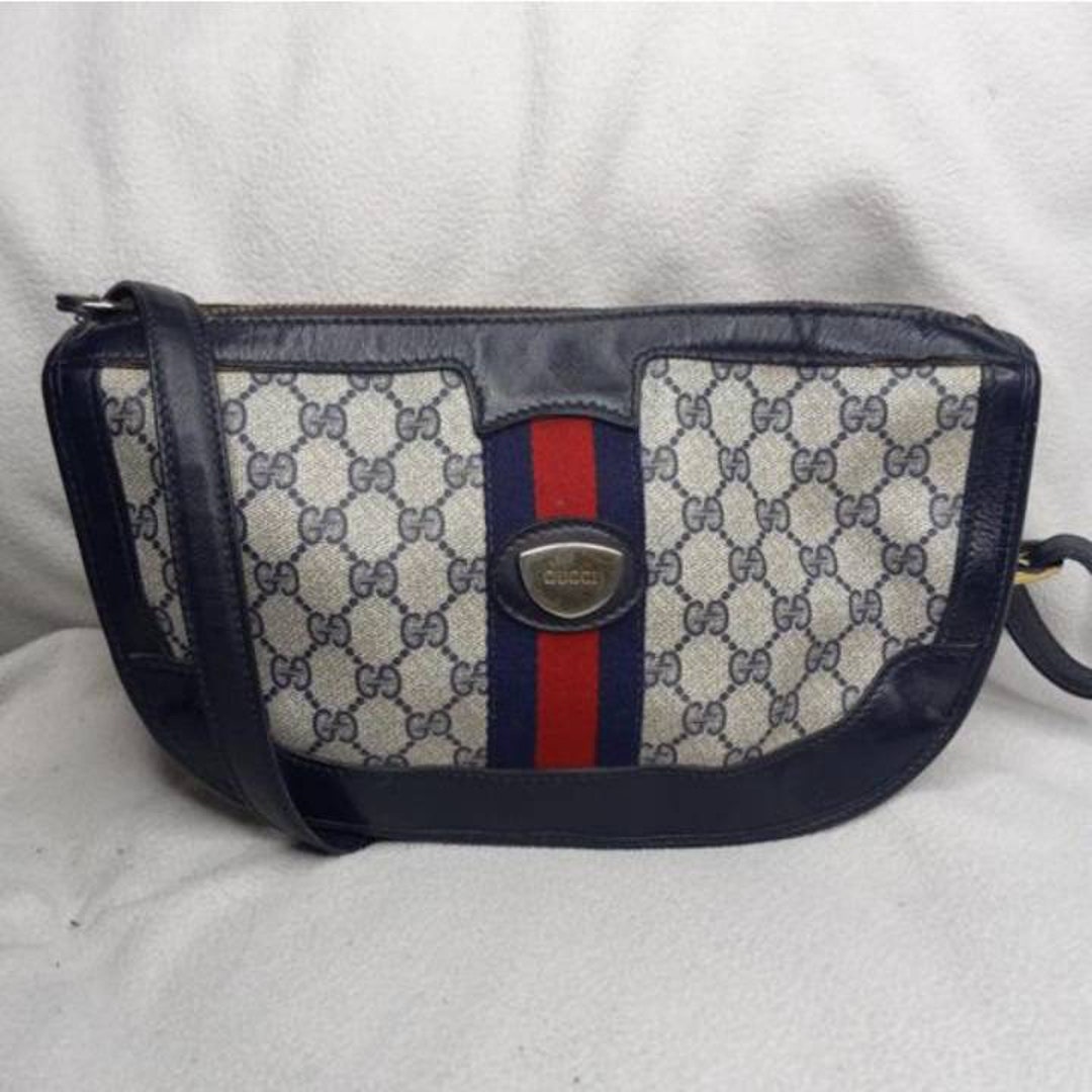 バッグ vintage gucci satin handbag navy Genuine Vintage GUCCI navy blue Signature Logo Canvas and