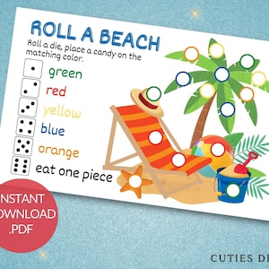 Gra w kości do druku, gra w kości do pobrania natychmiast dla dzieci i dorosłych, letnia rozrywka, gra w kości Roll-a-Beach, gry stołowe, gra w formacie PDF