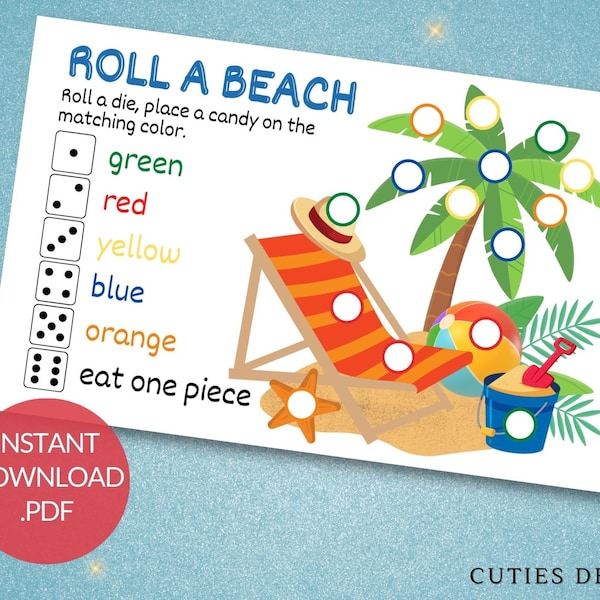 Printable Roll Dice Game, Instant Download Dice Game for Kids and Adults, Summer Entertaining, Roll-a-Beach Dice Game, Table Games, PDF game