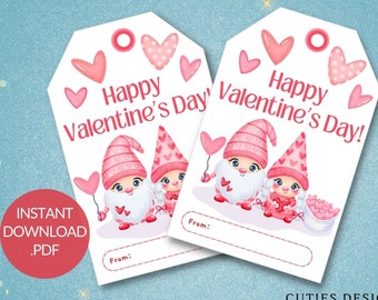 Gnome Valentine Gift Tags, Printable Classroom Valentines (Instant Download)