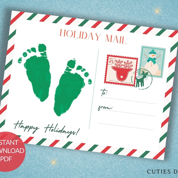 Infant Footprint Christmas Art Craft DYI Holiday Preschool Activity for Baby Toddler Christmas Gift Memory Keepsake Printable Kids Craft