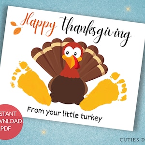 Handprint Art Happy Thanksgiving Printable DIY Craft Baby Toddler Fall Autumn Daycare Activity Your Little Turkey Footprint Memory Keepsake