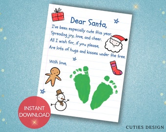 Dear Santa Christmas Footprint Art, Personalized Craft for Kids, Printable Holiday Activity, Baby Keepsake DIY Handprint Easy Fun Project