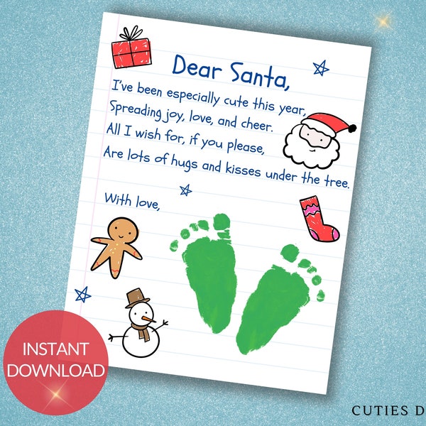 Dear Santa Christmas Footprint Art, Personalized Craft for Kids, Printable Holiday Activity, Baby Keepsake DIY Handprint Easy Fun Project