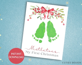 Baby's First Christmas Footprint Art, Mistletoe Keepsake (Digital Download)